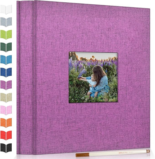 Photo Album Self Adhesive Scrapbook Album for 3x5 4x6 5x7 8x10 Pictures, 60 Pages Linen Cover with Display Window DIY Photo Book,Ideal Gifts for Family Travel Wedding Baby