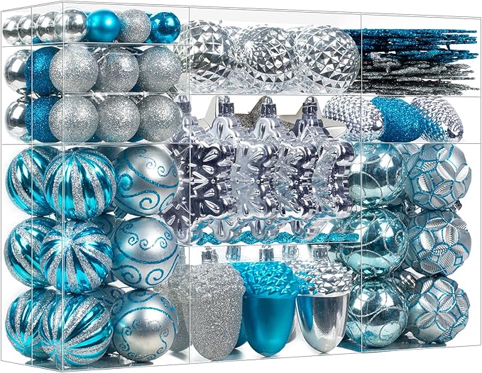 Light Blue and Silver Christmas Ornaments Set, Assorted 110Pcs Balls Ornaments for Xmas Tree, Shatterproof Plastic Baubles Hanging Decorations for Holiday/Party/Wedding