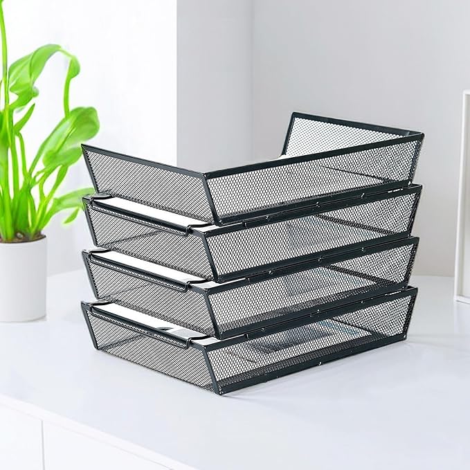 SETTFRFE 4 Tier Metal Mesh Desk Organizer-Stackable Letter Trays for Office Supplies,Black File Storage System with Reinforced Edges