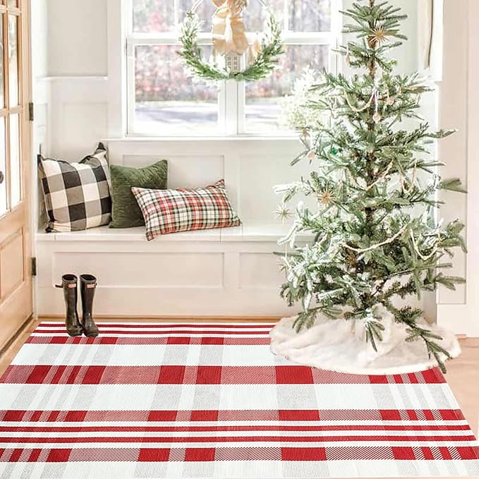 Christmas Plaid Outdoor Rug, 3' x 5' Red&White Check Indoor/Outdoor Area Rug, Layering Rug for Hello/Welcome Door Mat, Machine Washable Cotton Woven Rug for Farmhouse Front Porch, Entryway