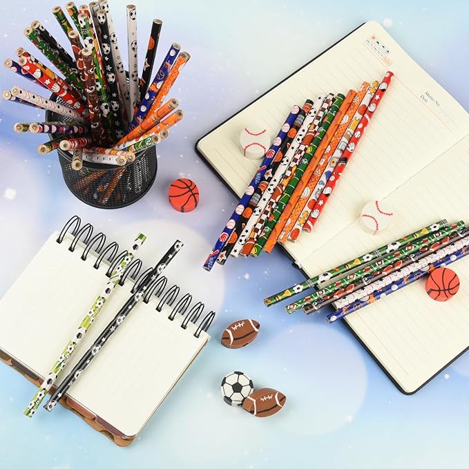 48 Pcs Sports Pencils and Erasers for Boys Girls Sports Birthday Gifts Assortment Stationery Pencils for Students Office School Classroom Supplies.