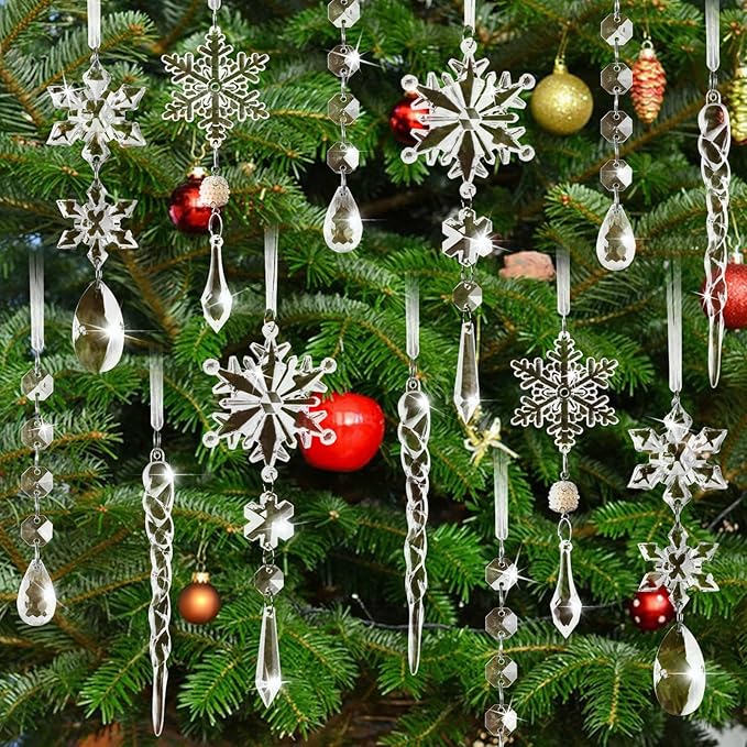 18PCS Clear Christmas Snowflake Icicle Hanging Ornaments Acrylic Crystal Christmas Tree Decorations with Drop Pendants for Xmas Winter Wonderland New Year Party Supplies