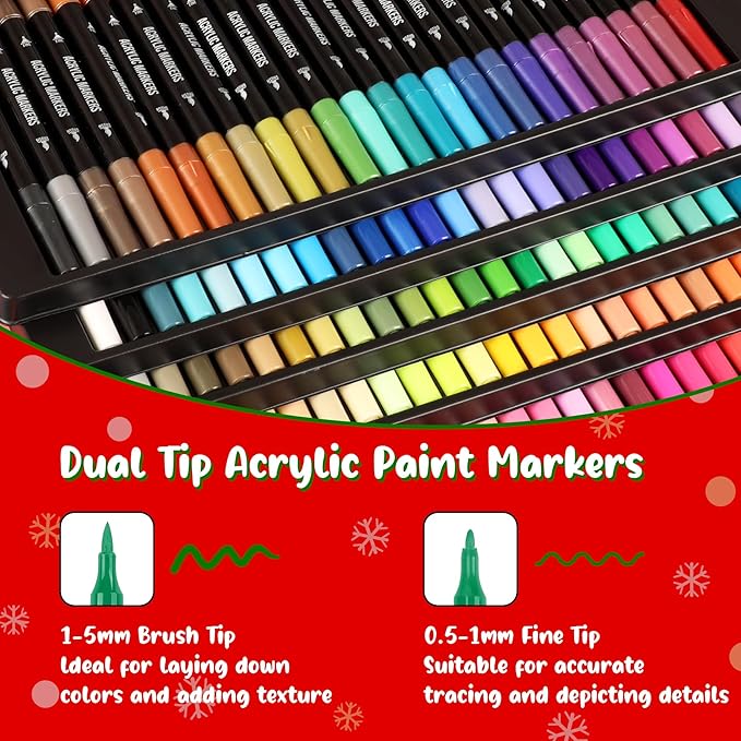 120 Colors Acrylic Paint Markers, Dual Tip Fine Tip and Brush Tip Pens Contain 24 Metallic Color for Stone, Wood, Calligraphy, Canvas, Ceramic, Metal, Glass, Rock Painting, DIY Crafts