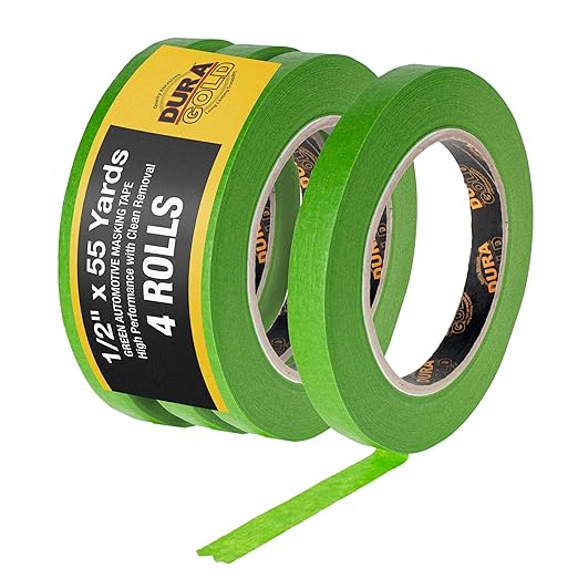 Dura-Gold Green Automotive Masking Tape 1/2 Inch (12mm x 55 Yards), 4 Rolls - Premium High-Performance, Heat Resistant - Auto Refinish Painting, Car Detailing, Autobody, Industrial, Painters Tape