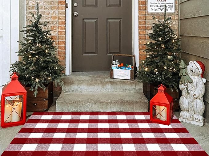 Ckorzen Red and White Plaid Rug, 3' x 5' Christmas Front Porch Outdoor Rug, Handwoven Cotton Washable Rug for Layered Door Mats, Holiday Entryway and Home Décor