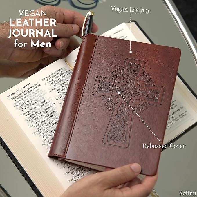 SETTINI® Lined Journal - Celtic Cross Journal for Writing Gift Set - Hardcover Vegan Leather, Includes Luxury Pen in a Unique Pen Holder, 192 Pages, 6 x 8.5 inches, Bible Journal, Birthday Gift