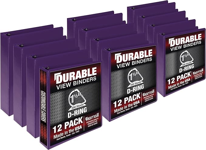 Samsill Durable 1.5 inch 3 Ring Binder, Made in USA, D Ring Binder, FSC 100% Recycled Chipboard, Purple, 12 Pack