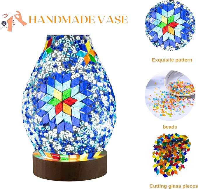 Turkish Moroccan Table Lamp Mosaic Vase Lamp Handmade Glass Vase with Wood Base Decorative Bedside Lighting for Bedroom, Living Room, Farmhouse - USB Plug