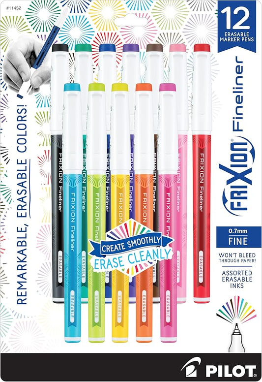 Pilot, FriXion Fineliner Erasable Marker Pens, Fine Point .7 mm, Pack of 12, Assorted Colors