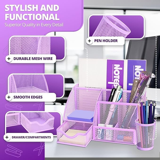Flexzion Desk Caddy Organizer Set (Purple) - Metal Mesh Desktop Caddy with Drawers, 6 Compartments, and Pencil Holder for Women & Men - Desktop Organizer and Storage for Work or Office Supplies