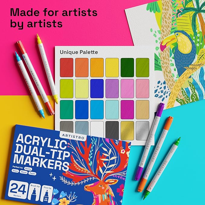 ARTISTRO 12 Dual Tip Fabric Markers - Acrylic Drawing Markers for All Ages & Levels - Fabric Paint Pens for Personalizing Clothes, T Shirts, Bags, Canvas, Textiles (Brush + Fine)