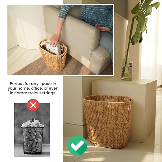 4 Gallons Wicker Waste Basket for Bathroom - Water Hyacinth Wicker Trash Can – Kitchen, Bathroom Garbage Can, Oval Magazine Basket - Desk Trash Can, Office Garbage Can with Open Top, Handles