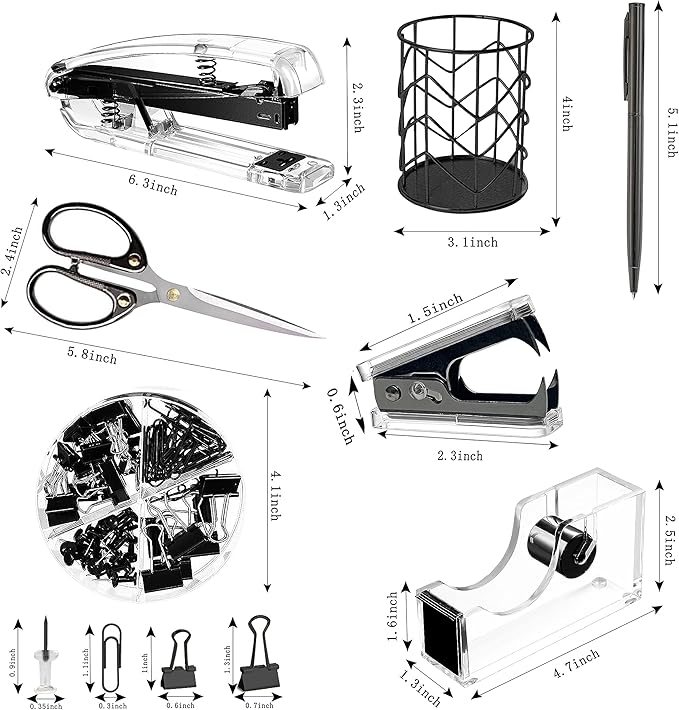 Office Desk Accessories，Office Supplies Set Acrylic Stapler Set Staple Remover, Tape Holder, Pen Holder, 2 Ballpoint Pen, Scissor, Binder Clips, Paper Clips and 1000pcs Staples(Black)
