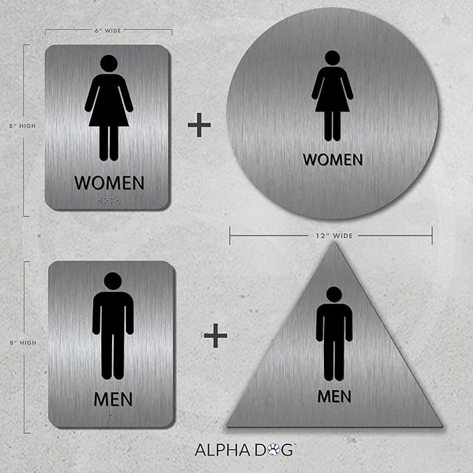 ALPHA DOG ADA SIGNS Men's Women's Restroom Sign Bundle 6x9 inch ADA Compliant Business Wall Mount Indoor Outdoor Easy Install USA Made (Brushed Stainless)
