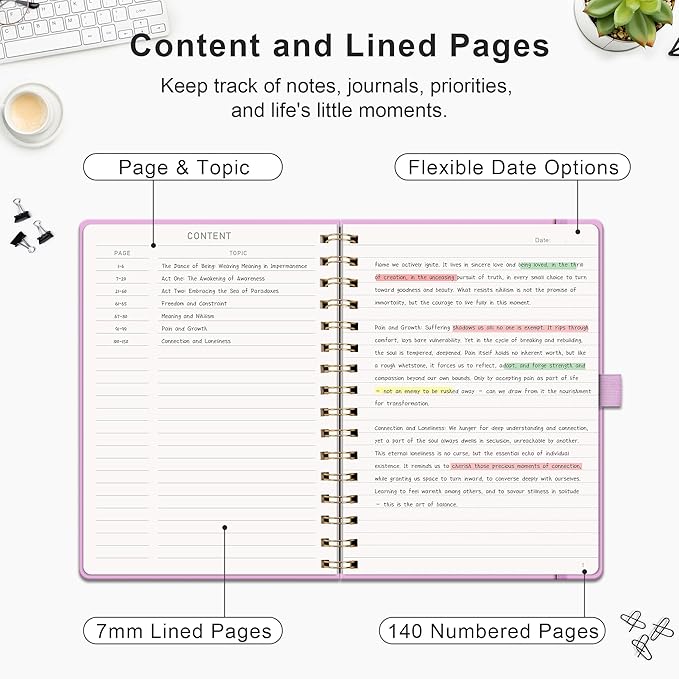 RETTACY Lined Journal Notebook, 140 Numbered Pages, A5 Medium Size (5.7'' x 8.3''), for Men & Women, Journaling, Writing, Work & Office, Spiral-bound, Hardcover, 100 GSM Thick Paper (Lilac)