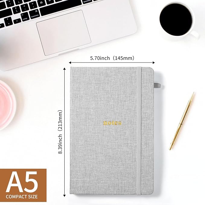 A5 Lined Journal Notebook – Hardcover Fabric Cover 160 Pages 100 GSM Thick Paper With Elastic Band & Pen Holder College Ruled Writing Notebooks for Work School Travel Gray