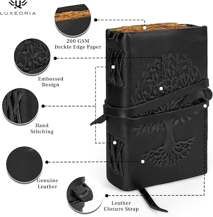 LUXEORIA Tree Of Life Leather Journal for Women and Men, Handcrafted Leather Journal for Writing Womens, Sketchbook, Travel Diary with Unlined Deckle Paper, Black 6x8