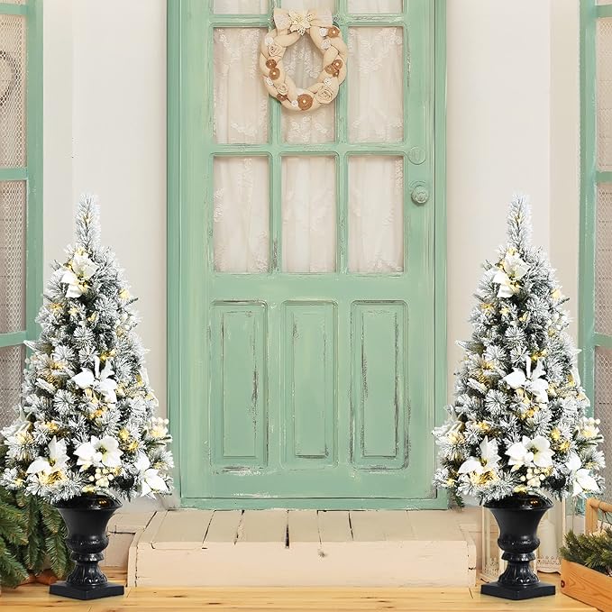 Happygrill 4ft Artificial Christmas Tree Pre-lit Entrance Xmas Tree with 100 LED Lights, Snow Flocked Potted Tree with Flowers & White Berries