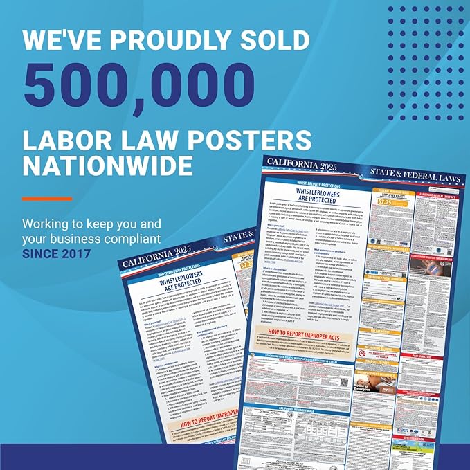 2025 California State and Federal Labor Law Poster - English - OSHA Workplace Compliant - All-in-One Mandatory Regulations Required Compliance Posting16" x 40" Laminated (English)