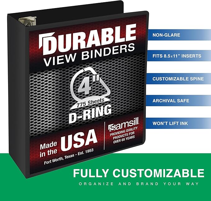 Samsill Durable 4 Inch Binder, Made in The USA, Locking D Ring Binder, Customizable Clear View Cover, Charcoal Black, Holds 775 Pages