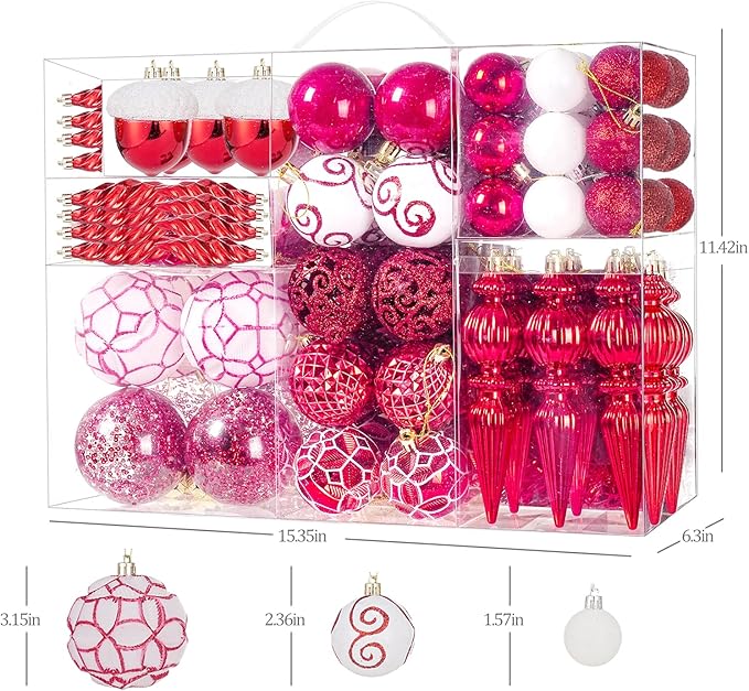 123pcs Christmas Ball Ornaments Set, Shatterproof Plastic Balls for Classic Xmas Decorations, Hanging Ornaments for Christmas Tree, Holiday, Bridal, Home Party, Red and White