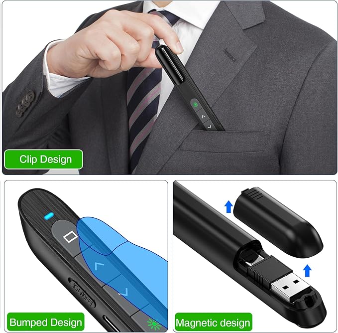 USB C Rechargeable Presentation Clicker with Green Light, Remote Clicker for Presentations Wireless Presenter Slide Changer PPT Advancer with Volume Control for Laptop Computer