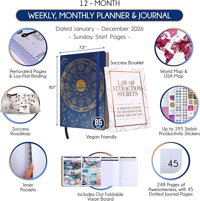 2026 Planner Weekly and Monthly | Law of Attraction Planner with Panduo App | A 12 Month Journey for Productivity, Gratitude & Goal Setting | Includes Foldable Vision Board, Gift Box & Stickers