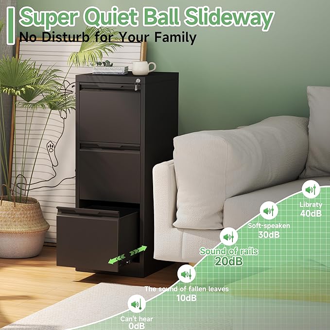 3-Drawer File Cabinet with Lock,Metal Vertical Filing Cabinets for Home Office,Under Desk File Cabinets for Letter/Legal/A4 Size Files,Easy Assemble,Black