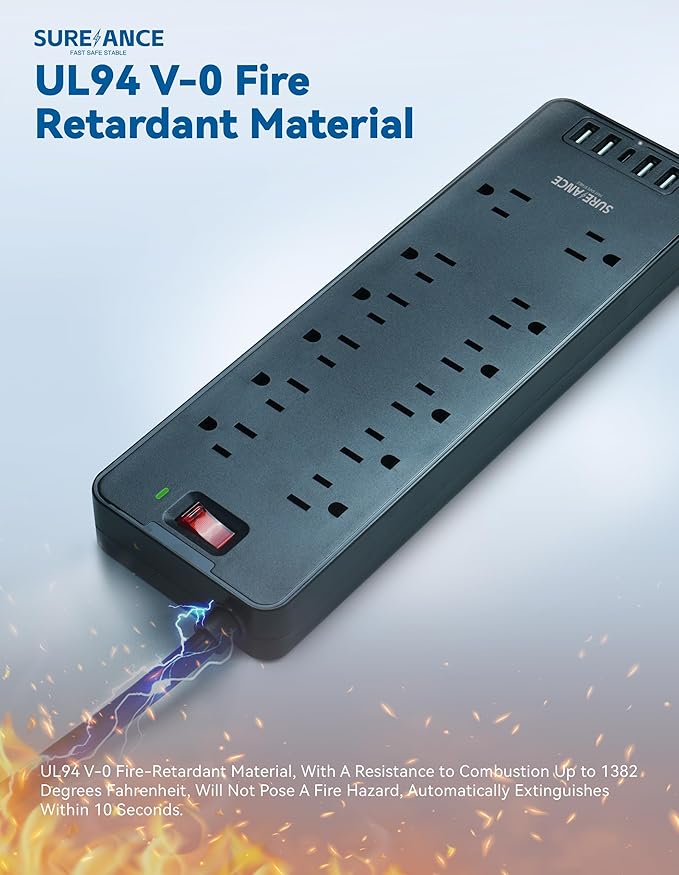 Surge Protector Power Strip - SUREANCE 12 Outlets Surge Protector Outlet Extender with 5 USB Ports, 6FT Flat Plug Extension Cord, 2100J, Mountable, Flat Plug, Heavy Duty, Widely-Spaced, ETL Listed