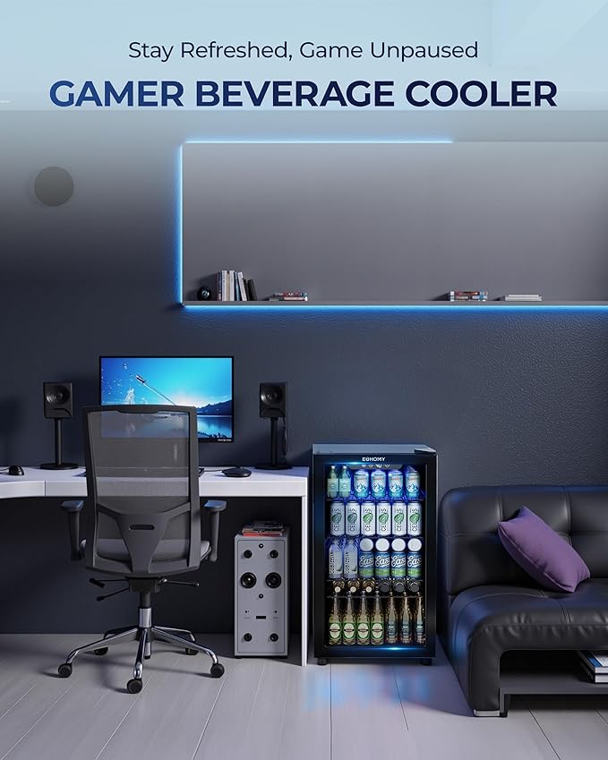 EUHOMY Beverage Refrigerator and Cooler, 128 Can Mini fridge with Glass Door, Small Refrigerator with Adjustable Shelves for Soda Beer or Wine, Home/Bar/Office, Black