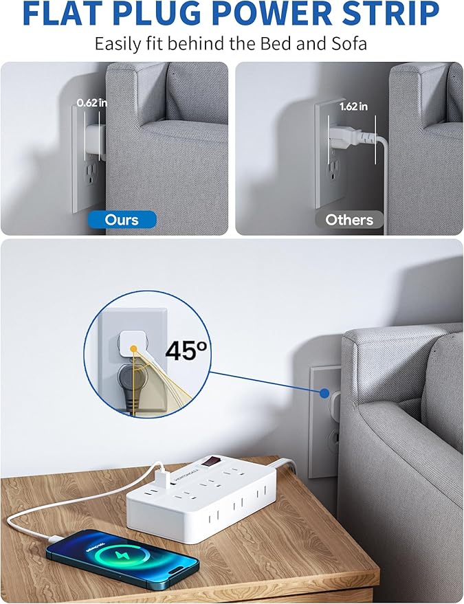 Surge Protector Power Strip - 5Ft Braided Extension Cord Flat Plug with 6 Outlets and 2 USB-A 2 USB-C Ports, 1080 Joules Wall Mounted Charging Station for Office Home ETL (5 FT)