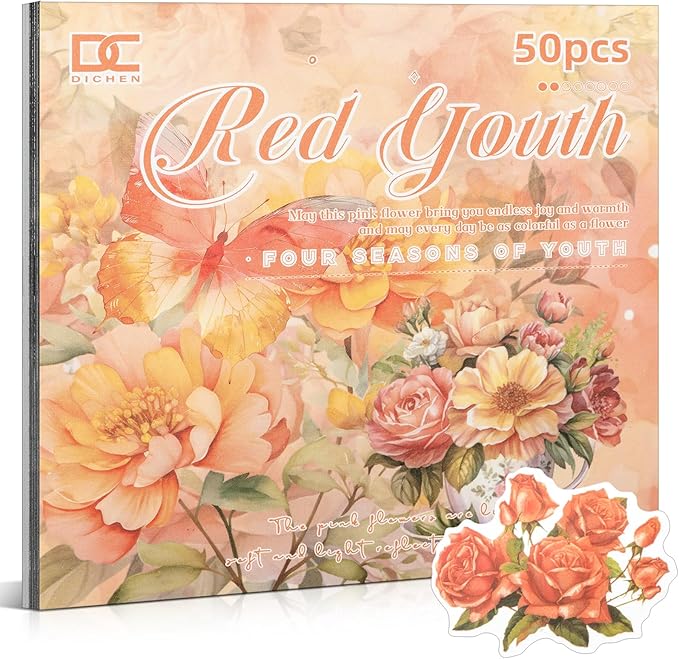 Red Flower Theme Sticker Scrapbooking Supplies for Junk Journal 50 Sheets, Include 25 PET Stickers and 25 Paper of Scene Material Paper - Vintage Journaling Stickers (TZ-006-007)
