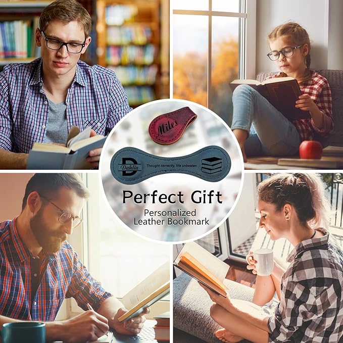 Personalized Leather Magnetic Bookmarks - Custom Magnetic Leather Bookmark with Engraved Logo Text, Vintage Bookmark Clips Customized Gifts for Women, Kids, Men, Book Lovers, Mother, Father