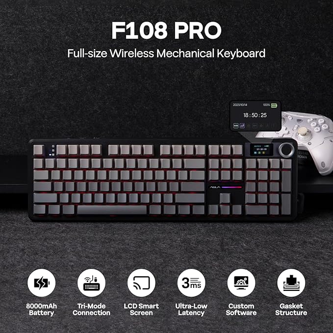EPOMAKER X Aula F108 PRO Wireless Gaming Keyboard with Screen, 8000mAh Battery, 104 Hot-Swappable and Programmable Keys and Knob, RGB Backlight, for Mac/PC/Android (Black Gradient)