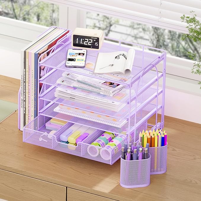 Desk Organizers and Accessories, 5-Tier Paper File Organizer with Drawer & Pen Holder, Office Desk Accessories Workspace Desktop Organizer for Office Supplies((Purple)