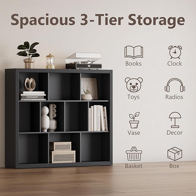 Wooden 10-Cube Storage Organizer, 3-Tier Bookshelf, Wood Black Bookshelf, Bookcase, Cubical Storage Shelf with 3 Removable Back Panels for Bedroom Home and Office