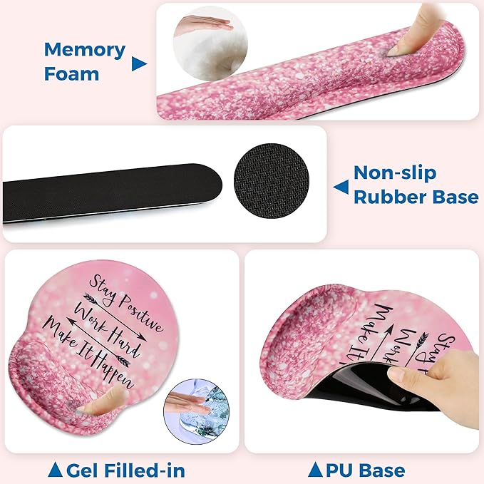 Mouse Pad and Keyboard Wrist Rest Support, with Non-Slip PU Base,Gel Mouse Pad with Coaster,Pain Relief for Gaming, Computer,Office -Pink Positive
