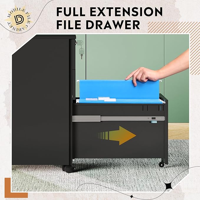 DEVAISE 3 Drawer File Cabinet with Lock, Metal Rolling Filing Cabinets for Home Office, Small Under Desk Cabinet with Slim Width (11.8 inch), Black