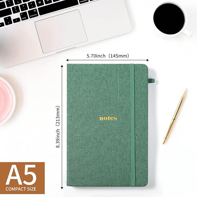 A5 Lined Journal Notebook – Hardcover Fabric Cover 160 Pages 100 GSM Thick Paper With Elastic Band & Pen Holder College Ruled Writing Notebooks for Work School Travel Dark Green