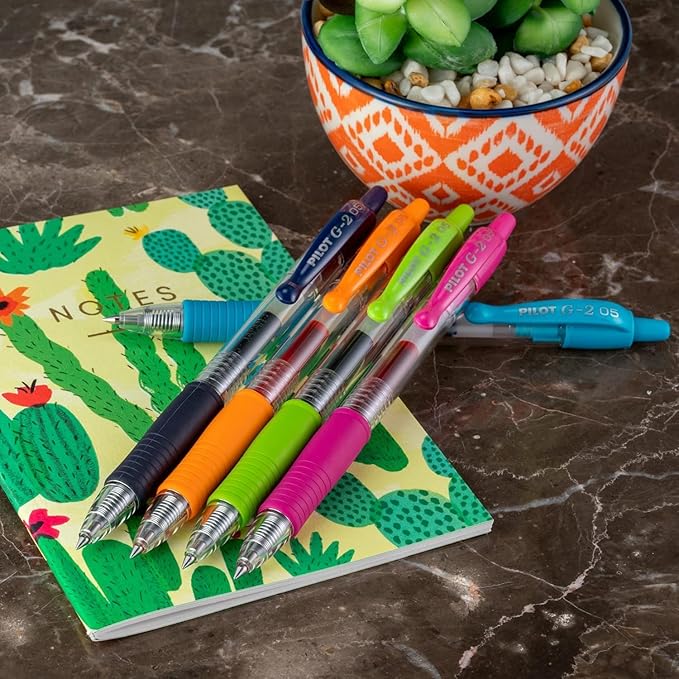 G2 Retractable Premium Gel Ink Roller Ball Pens Extra Fine Point (.5mm) Black/Blue/Red/Green/Purple Ink 8 pack; Refillable & Premium Comfort Grip Bundle with Plastic Reusable Pouch