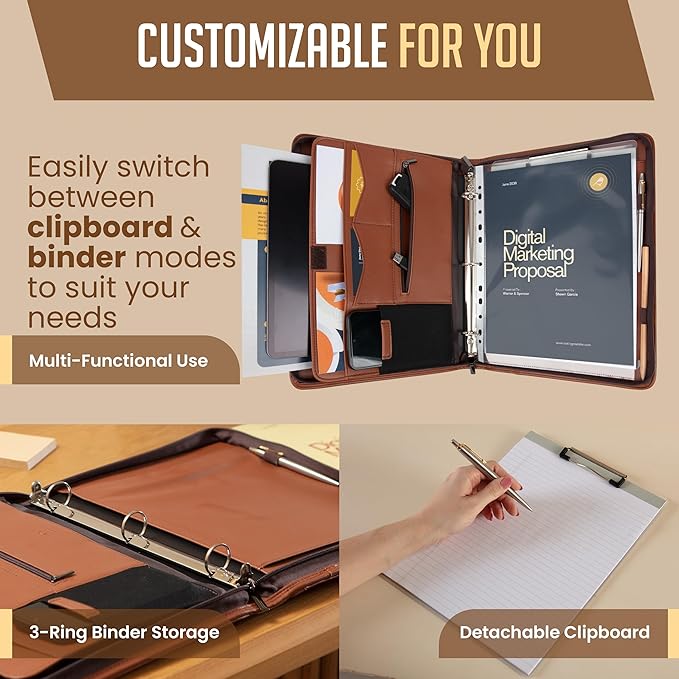 STYLIO Zipper Portfolio | Padfolio 3 Ring Binder and Clipboard Folio (Removable) | Portfolio Organizer for Documents, Tablet, Phone |Faux Leather Binder for Men and Women | Tan (Brown) Color