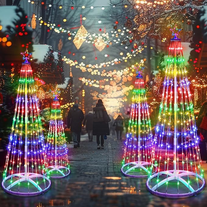 4 Pack 4/5/6/7 FT Christmas LED Cone Tree Lights 24 Modes Color Changing with Timer Foldable Lighted Trees Waterproof Outdoor String Lights Holiday for Christmas New Year Xmas Decorations