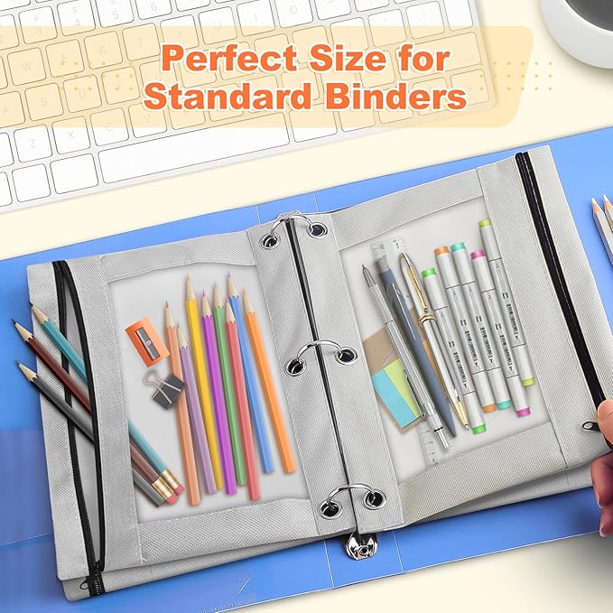 Shemira Pencil Pouch for 3 Ring Binder, Binder Pencil Pouch with Smooth Zipper, Clear Window Pencil Case for Binder, Zipper Pencil Pouches, Big Capacity 3 Ring Binder Pencil Bag, Grey