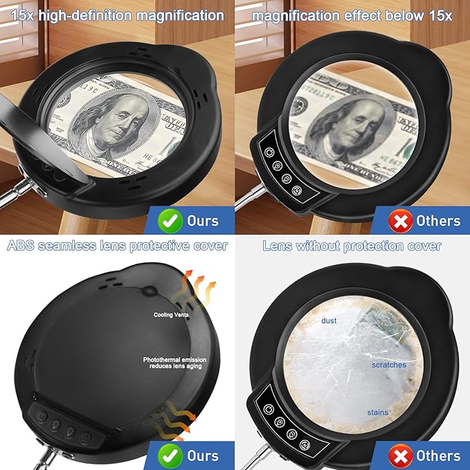 15X Desk Magnifying Glass with Light and Stand,Real Glass EyeCare LED Lighted Magnifier,5 Color Modes Stepless Dimmable,Hands Free 2-in-1 Desk Lamp for Craft Reading Painting Hobby Close Work