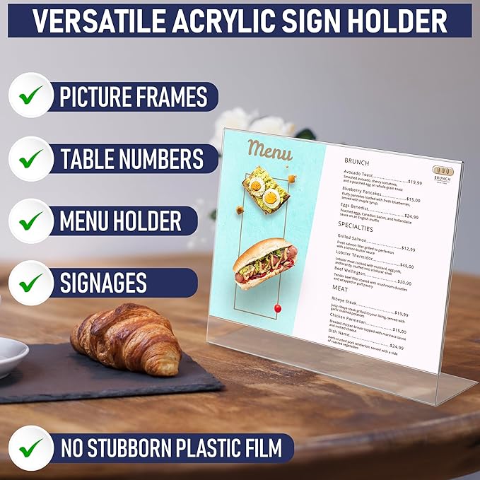 Slant Back Acrylic Sign Holder 11 x 8.5 Inches, 3-Pack Landscape Ad Frame, Flyer Display Stand. Menu and Table Sign Holder for Home, Office, Store, or Restaurant. Acrylic Stands for Paper and Signage