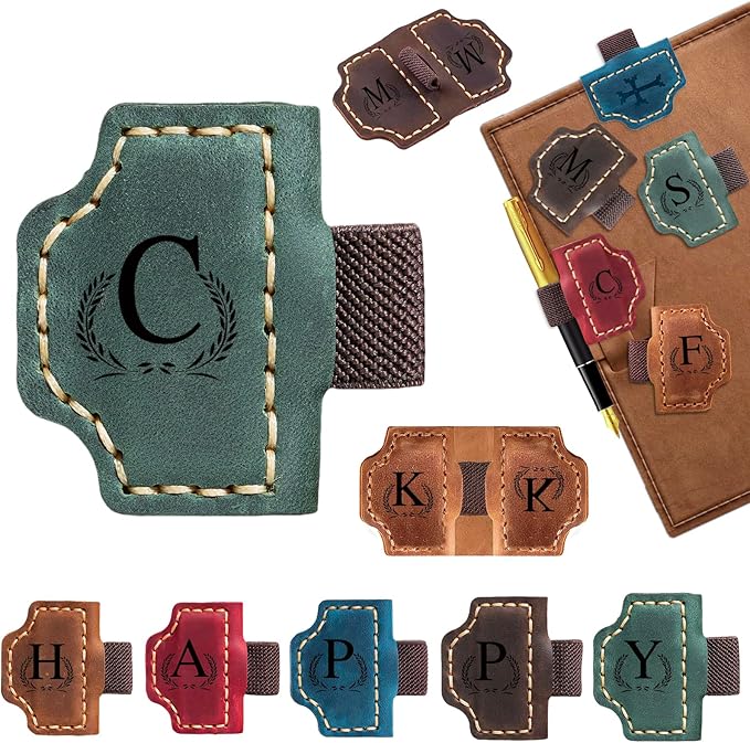 Custom Bygone Mark Bookmark with Pen Holder, 26 Letters Name Initial Personalized Magnetic Leather Bookmark, Gifts for Book Lovers, Readers, Travelers, Leather Book Marks (Blackish Green, C)