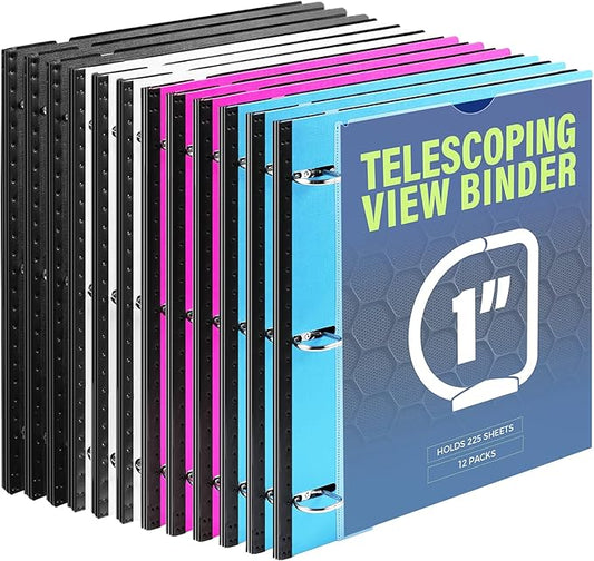 WOT I Telescoping 3 Ring Binder 1 Inch 12-Pack, Flexible Binder with Expandable Spine, Customized Front Cover, Clear Catalog Pocket, Holds 225 Sheets