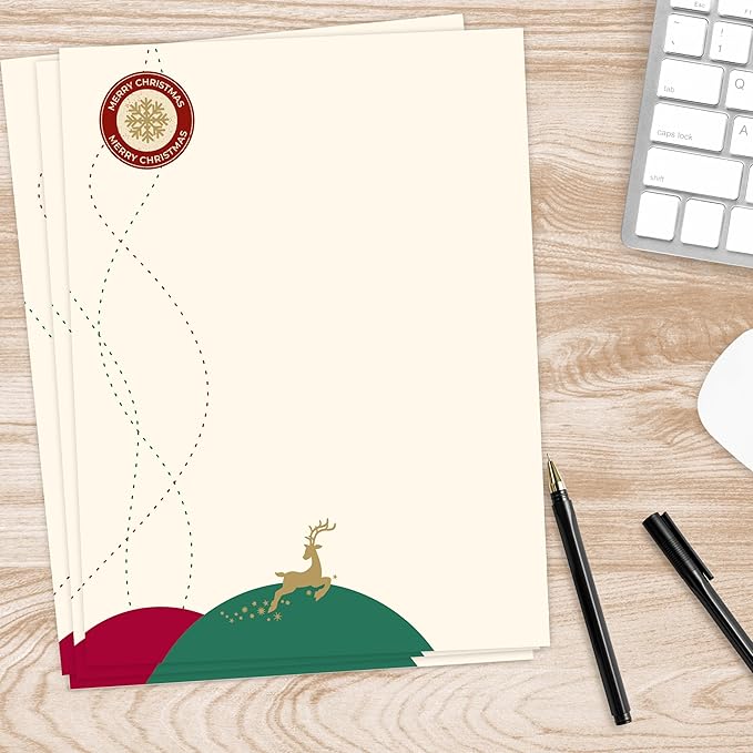 easykart labels Christmas Stationery Paper Letterhead Sheets 60 Pack Holiday Xmas Theme Design For Writing Letters Computer Office Notes & Printing Supplies Size 8.5" X 11"