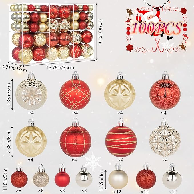 100ct Red and Gold Christmas Ornaments Set, Shatterproof Xmas Tree Ornaments Decorations Collection, Hanging Plastic Christmas Balls for Holiday Party Wedding (Red&Gold)