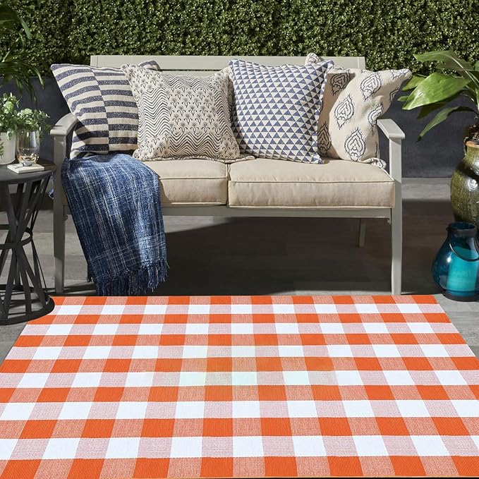 Buffalo Plaid Outdoor Rugs, 4' x 6' Orange and White Checkered Indoor/Outdoor Area Rug, Layering Rug for Hello/Welcome Door Mat, Washable Cotton Woven Farmhouse Mat for Fall Front Porch Décor